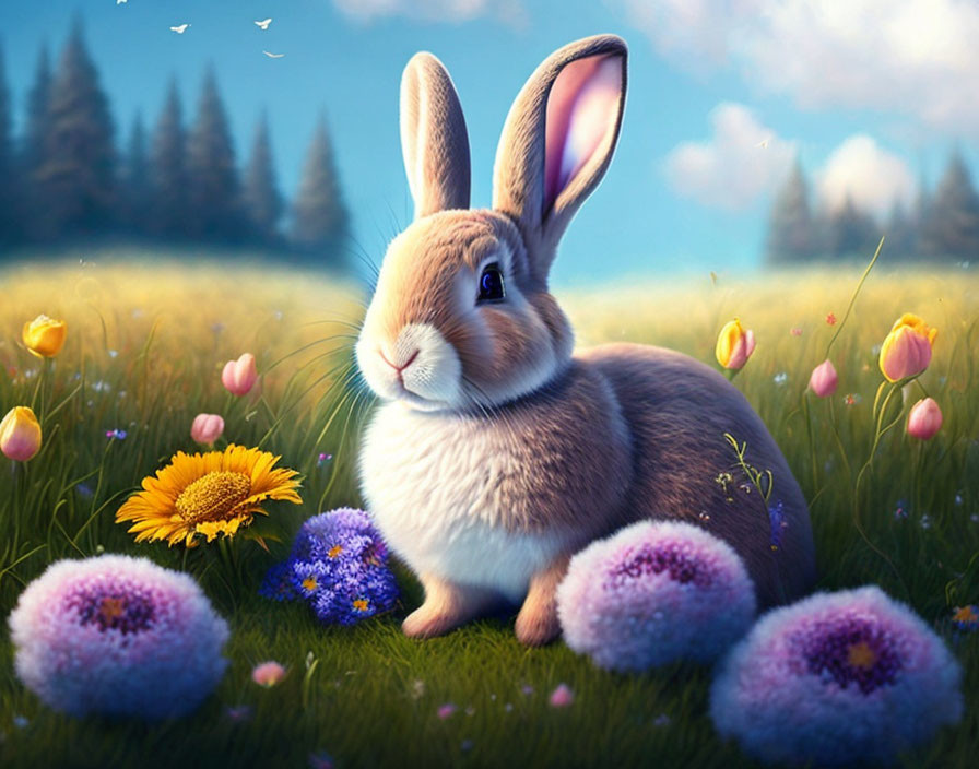 Colorful illustration: Fluffy bunny in vibrant meadow