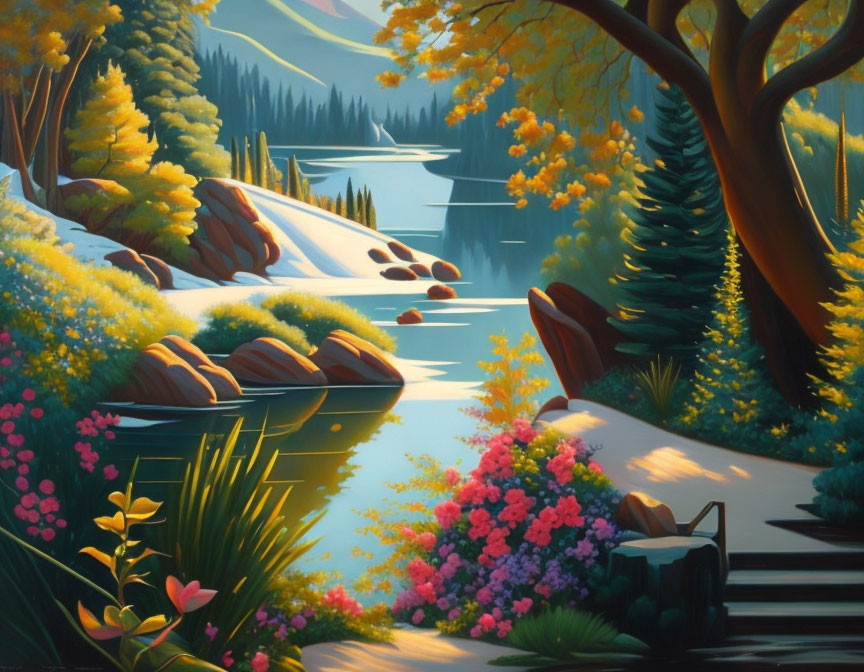 Colorful Lakeside Scene with Flora, Path, and Snow-Capped Hills