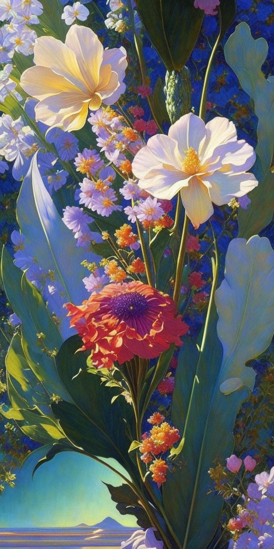 Colorful array of vibrant flowers on rich blue backdrop