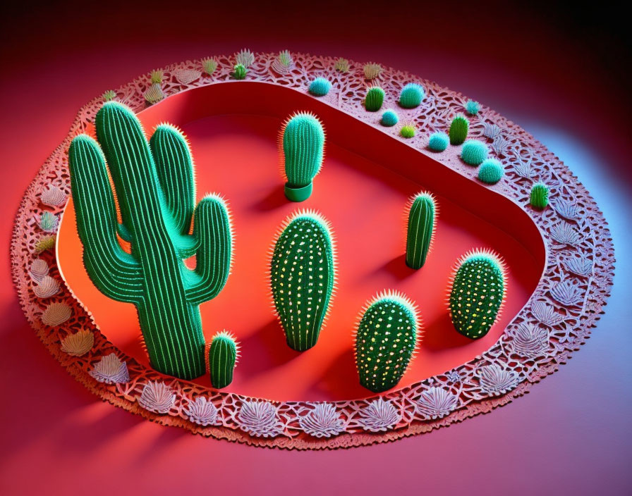 Colorful 3D image: Green cacti in ornate frame