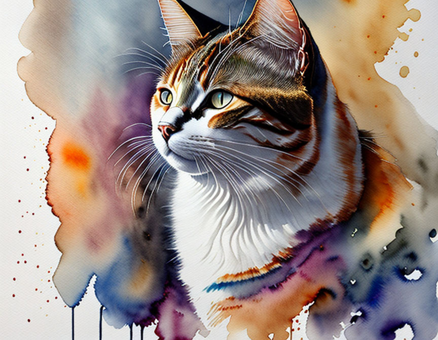 Vibrant Watercolor Cat Illustration with Sharp Eyes and Soft Fur Textures