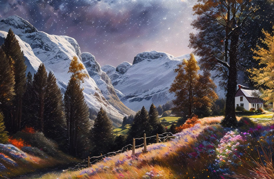 Scenic landscape with house, wildflowers, mountains, and starry sky