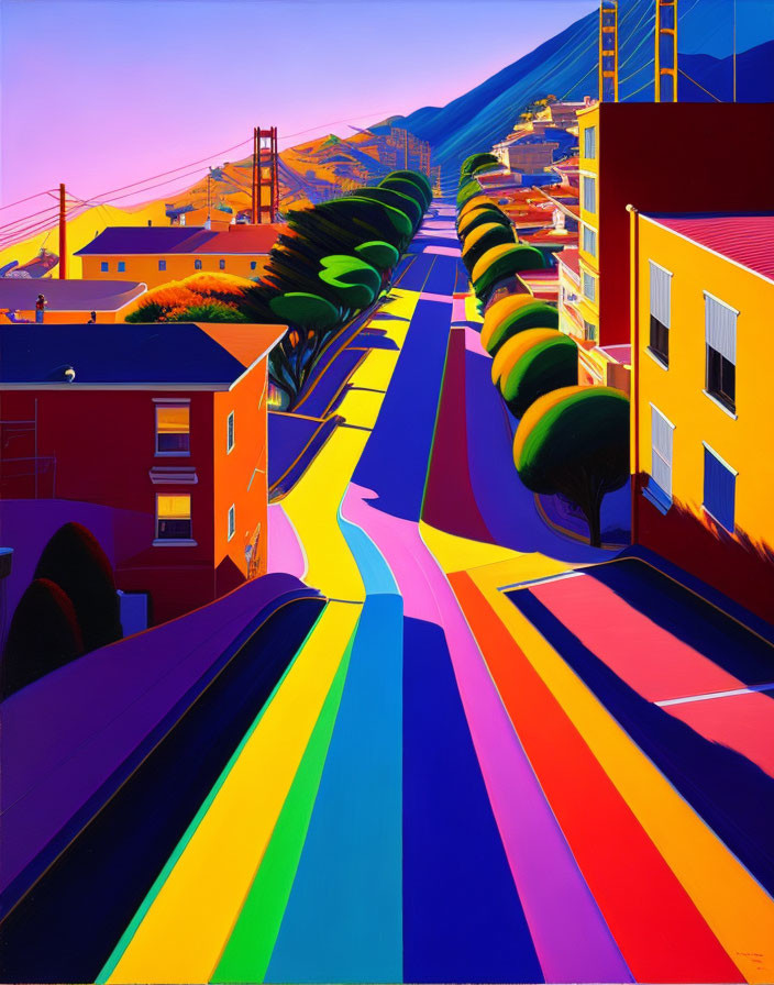 Colorful street painting with buildings and bridge under clear sky