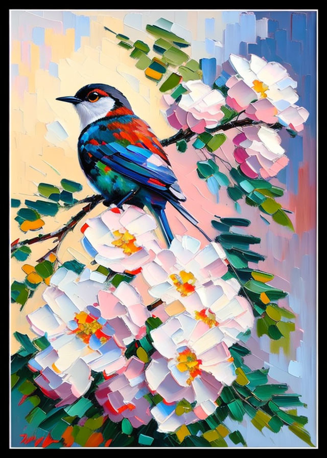 Colorful Bird Painting on Branch with White Flowers in Textured Palette Knife Technique