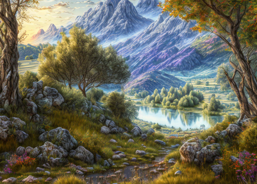 Tranquil landscape with trees, lake, mountains, and rocks under warm sky