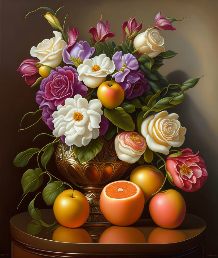 Colorful flowers and fruit in a classic vase on reflective surface