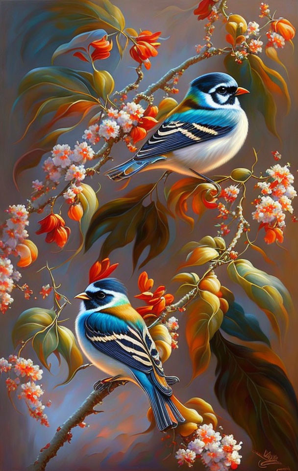 Vibrantly colored birds on flowering branches in blue, white, and orange hues