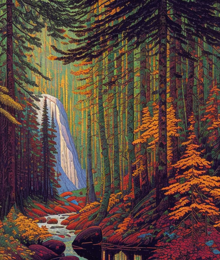 Illustrated forest scene with tall green pines, autumn foliage, waterfall, and serene stream