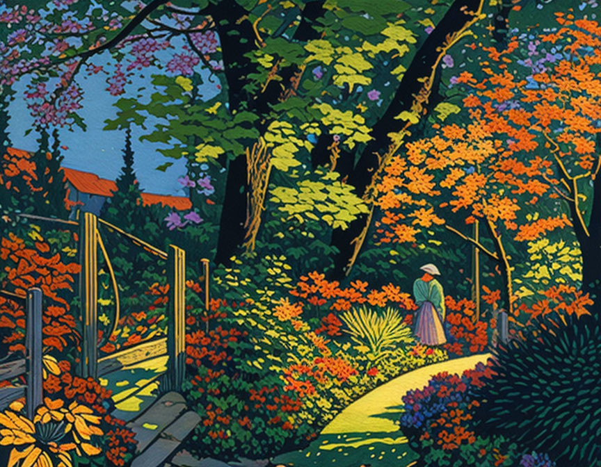 Vibrant illustration of female figure in lush garden