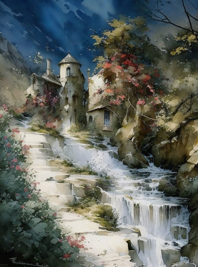 Enchanting Stone Cottage Watercolor with Tower and Stream