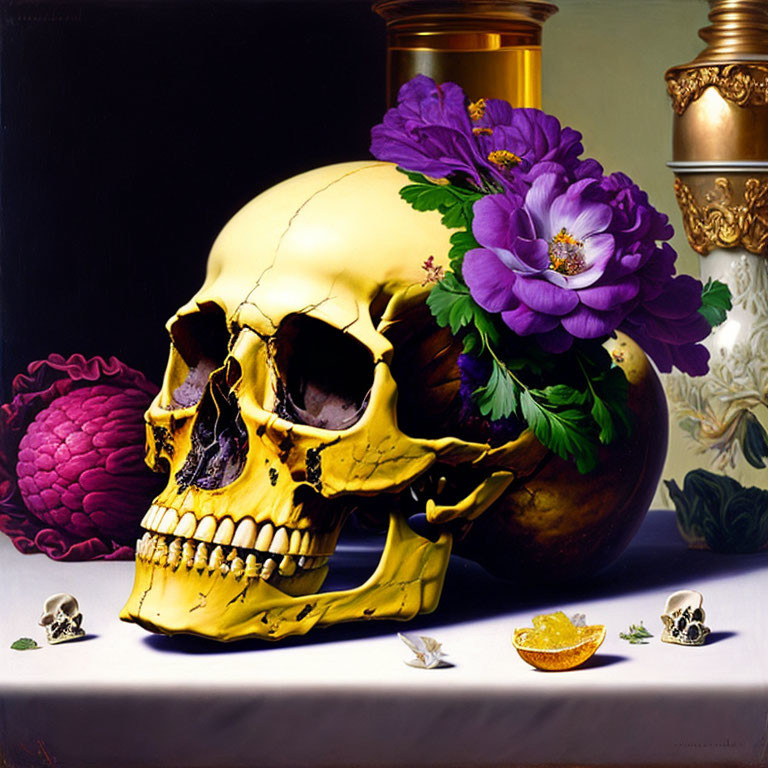 Golden skull with purple flowers, fruit, skull ring, and vase in Baroque setting