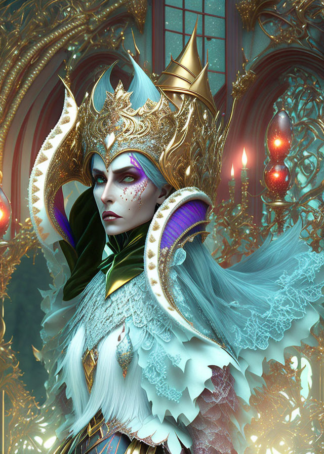 Detailed Fantasy Queen Portrait with Gold & White Headdress & Ornate Attire