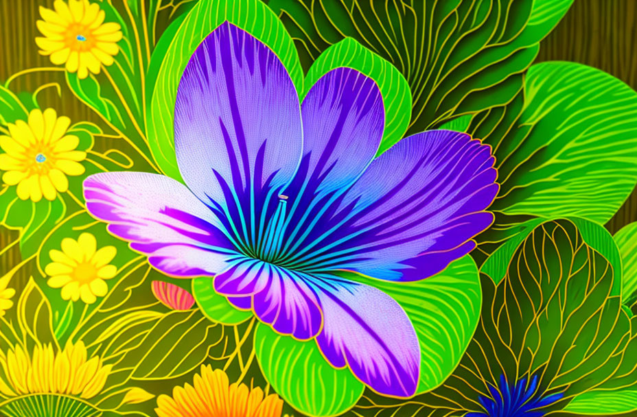 Colorful digital artwork: Purple and blue flower with intricate patterns on green and yellow background