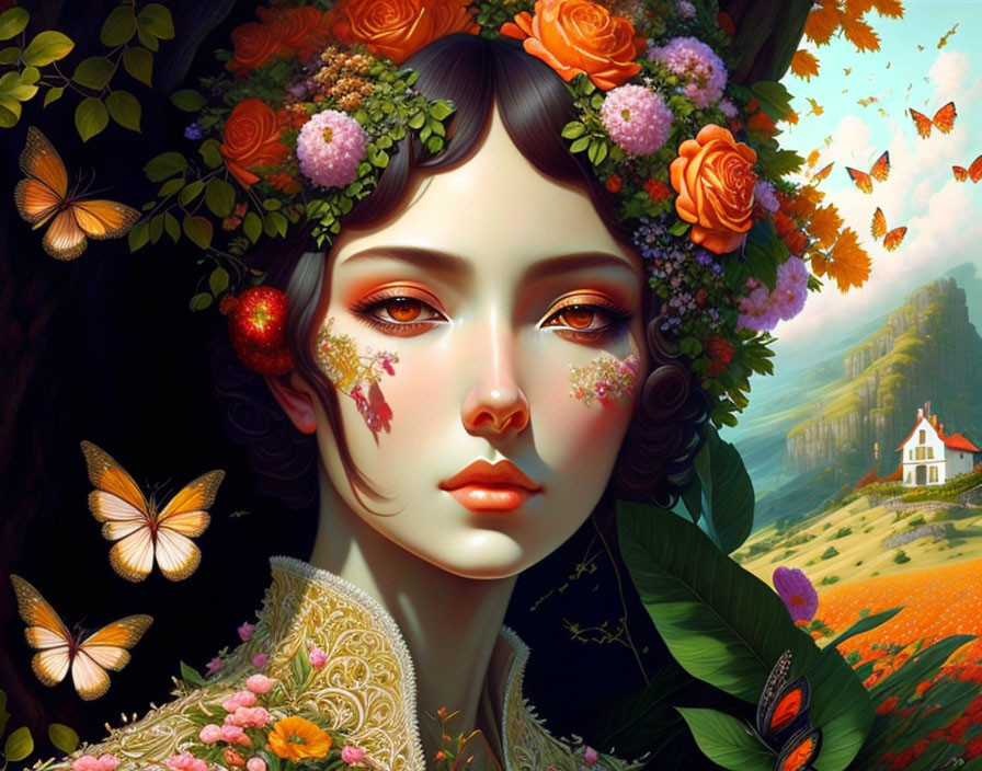 Illustrated portrait of woman with floral headdress and butterflies in vibrant landscape