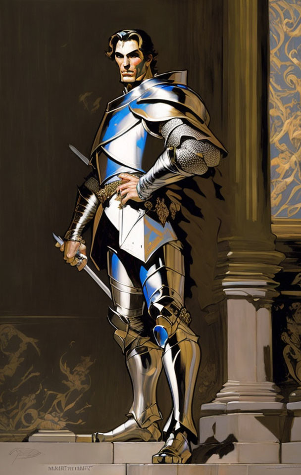 Medieval knight in shining armor with sword beside stone columns on gold background