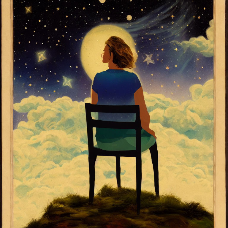 Person sitting on chair under full moon and starry night sky landscape.