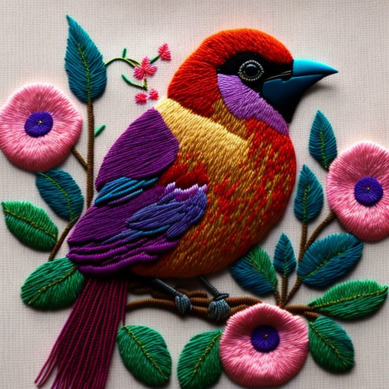 Colorful bird embroidery with flowers and leaves on canvas