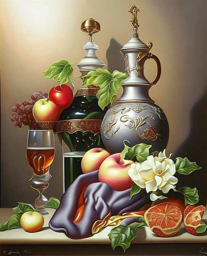 Classic still life painting with fruits, wine glass, metal pitchers, and flower on muted background