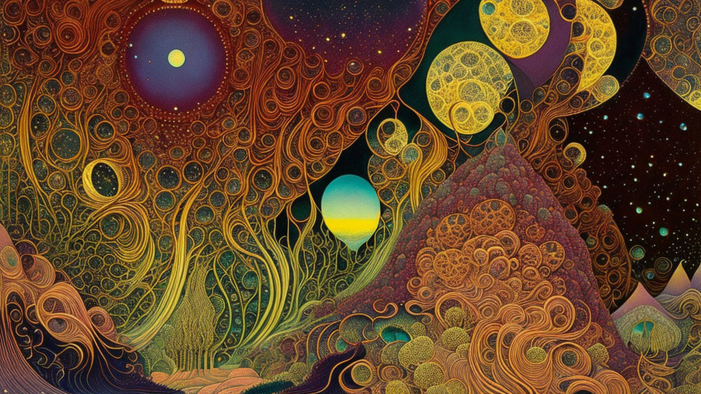 Colorful Psychedelic Artwork with Celestial Bodies and Abstract Natural Forms