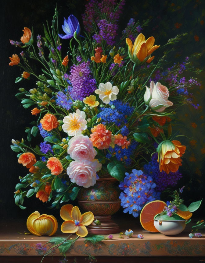 Colorful bouquet painting with flowers, vase, petals, and butterfly on wood surface