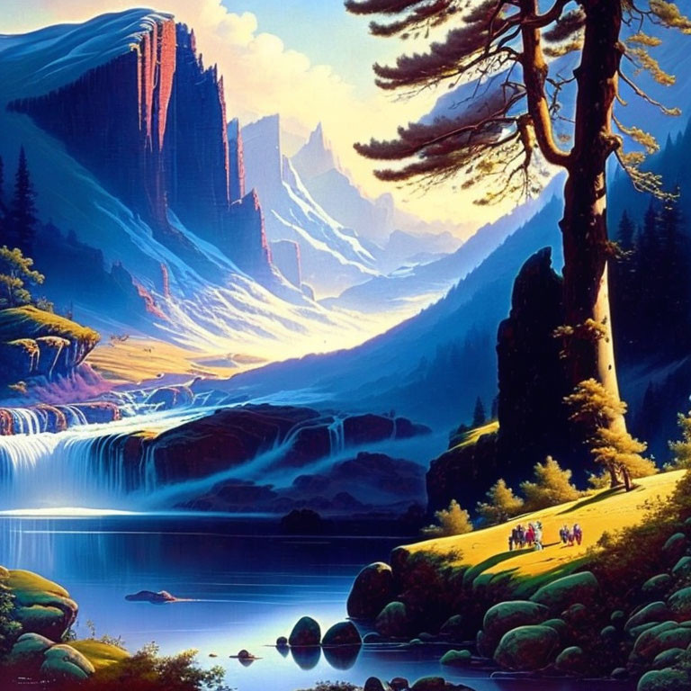 Scenic mountain landscape with waterfall, river, and people walking under blue sky