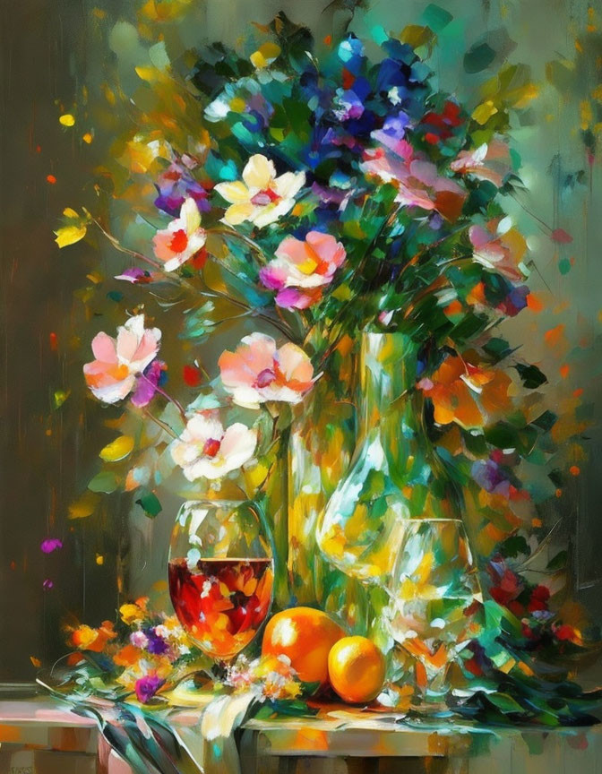 Colorful bouquet of flowers, wine, and oranges on a table