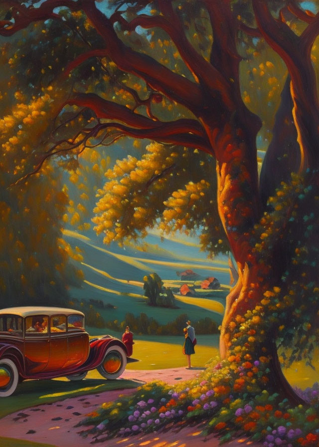 Vintage Car Parked Under Large Tree with Golden Leaves, Couple Walking in Lush Landscape at Sunset