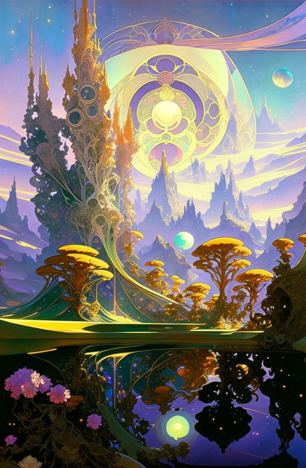 Colorful alien landscape with tall spires, exotic plants, and serene water.