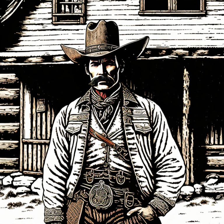 Monochrome illustration of stern cowboy with wide-brimmed hat and cabin