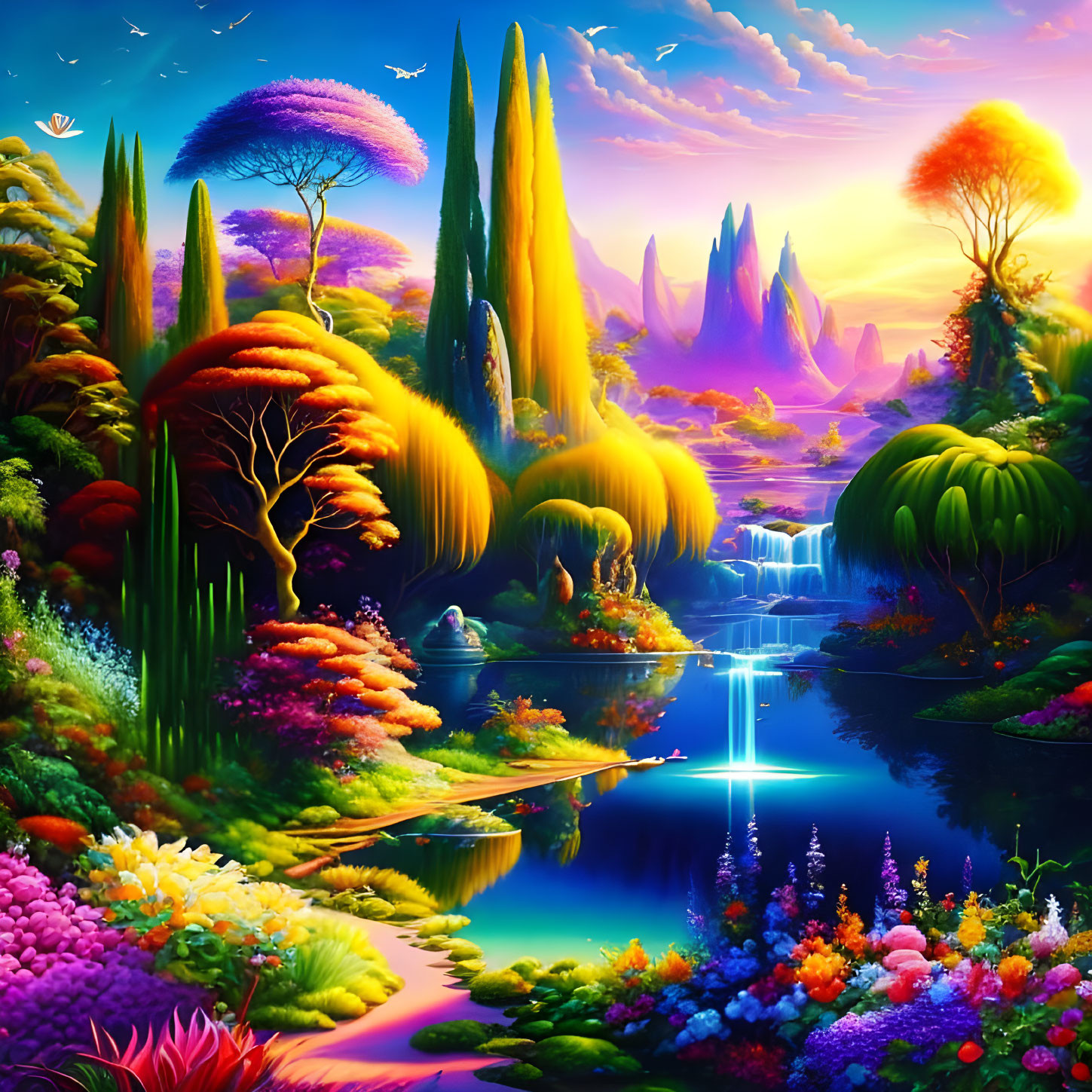 Colorful landscape with river, waterfalls, and whimsical trees at sunset