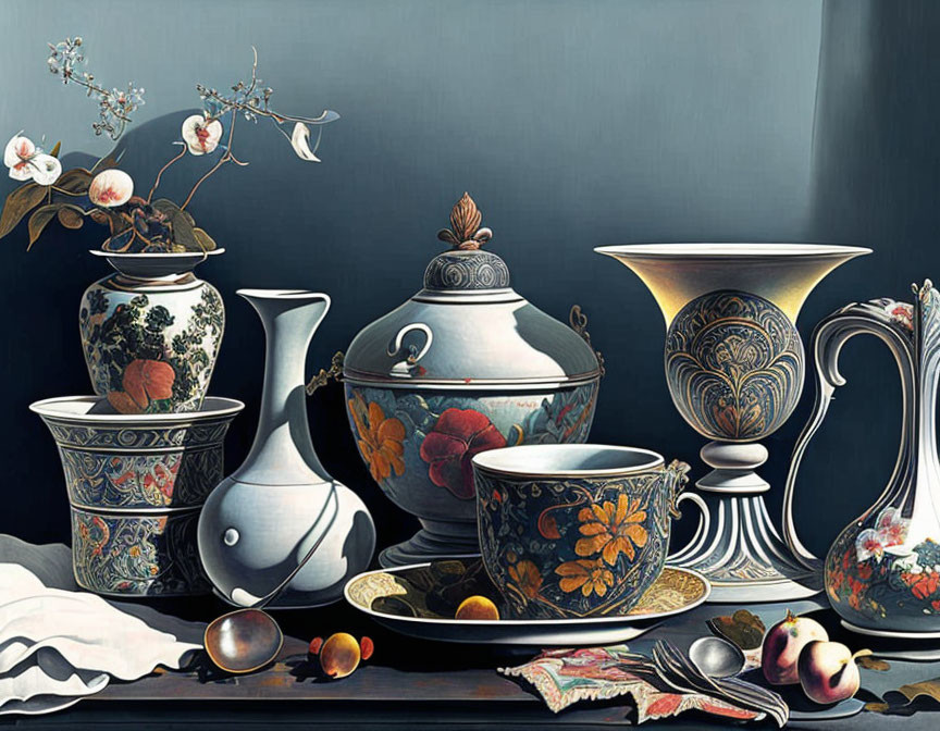 Detailed Still Life with Ceramic Tea Service, Fruits, and Floral Element