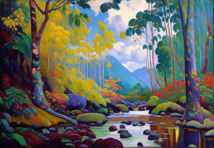 Lush Tropical Forest Painting with Stream & Mountains