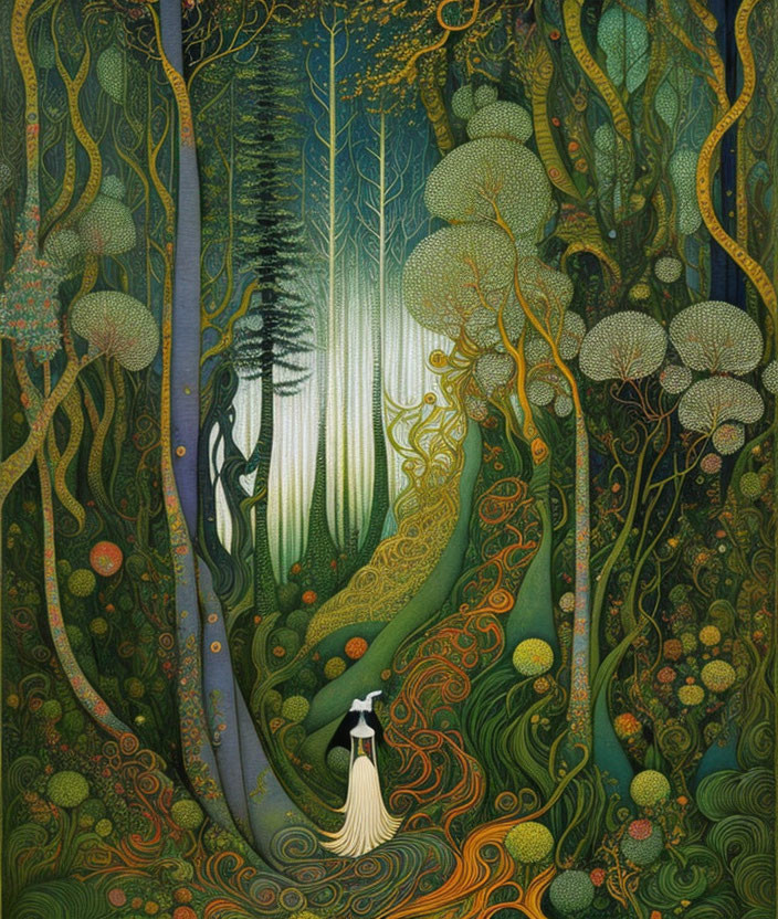 Intricate forest scene with swirling patterns and lone figure