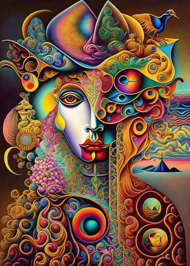 Colorful Psychedelic Artwork of Abstract Female Form with Hat and Surreal Patterns