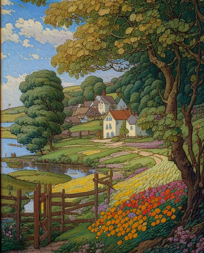 Colorful village scene with yellow houses, fruit tree, river, and flowers