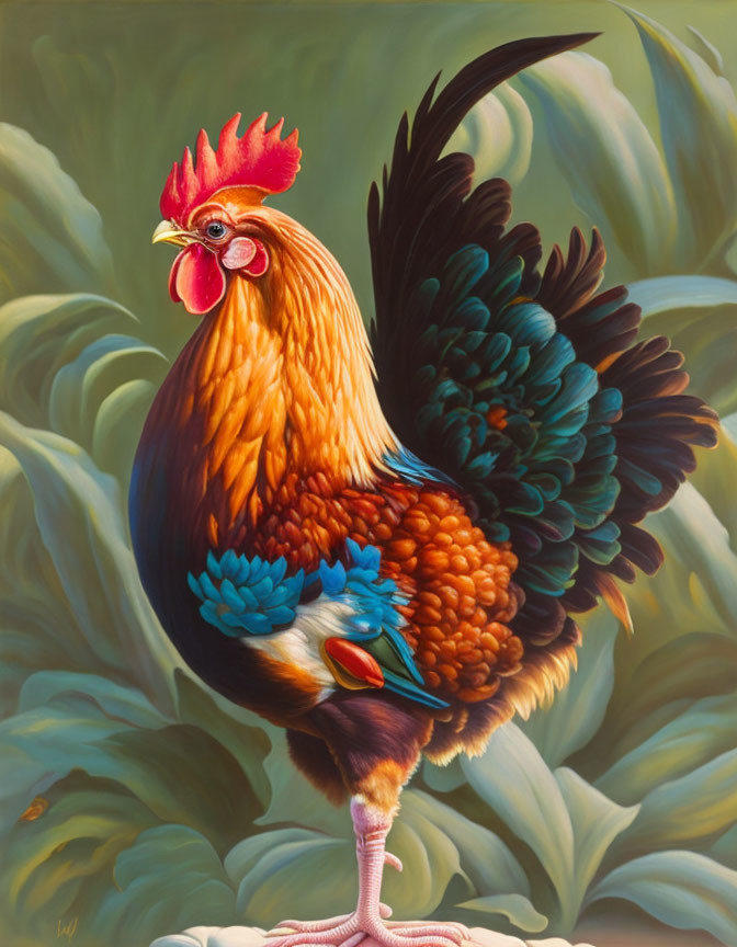 Colorful Rooster Painting with Red Comb in Lush Greenery