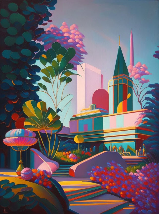 Colorful urban scene with futuristic buildings and lush foliage.