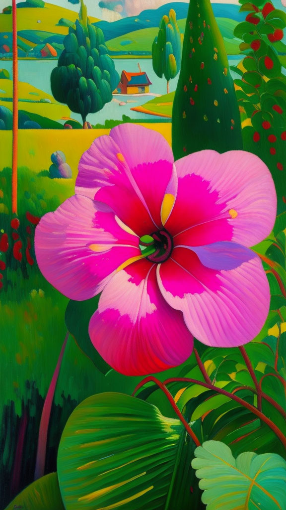 Colorful painting of pink flower in rural landscape