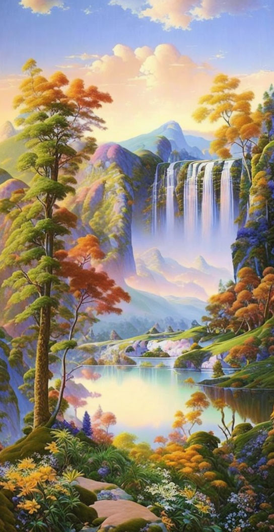 Tranquil landscape painting of serene waterfall and lush nature