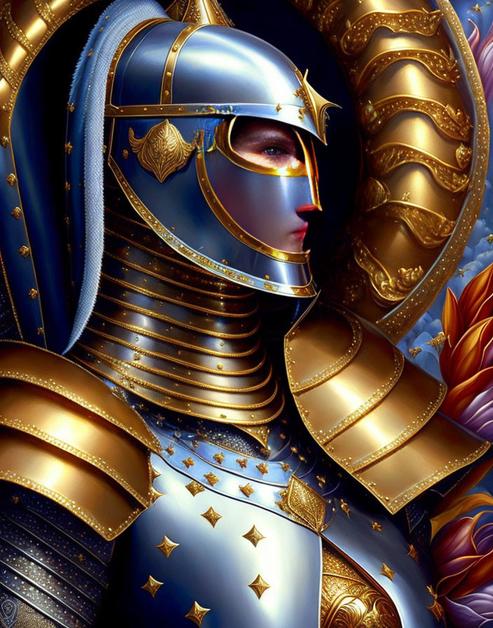 Intricate blue and gold armor with lifted visor illustration