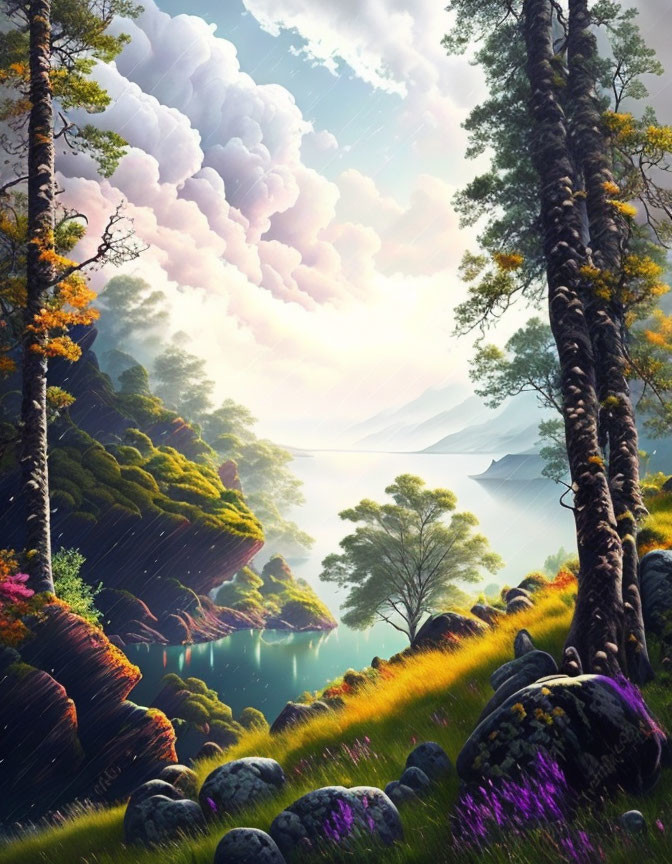 Tranquil landscape with lush trees, lake, hills, and dramatic clouds