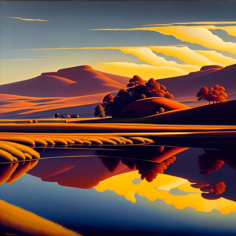 Serene landscape painting with rolling hills, river, and sunset