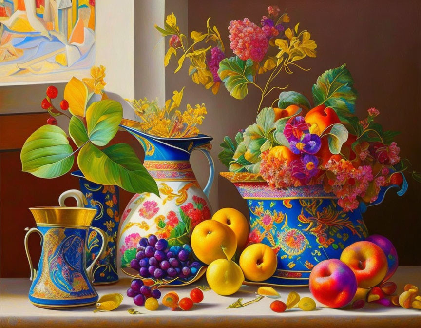 Colorful Still Life Painting with Vases and Fruits