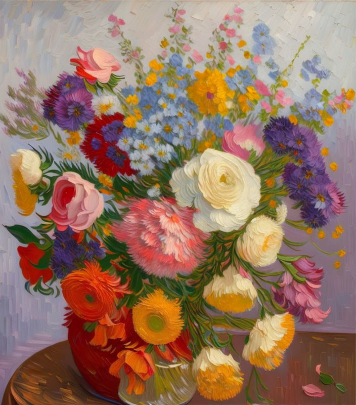 Colorful bouquet painting with roses, daisies, and wildflowers in glass vase