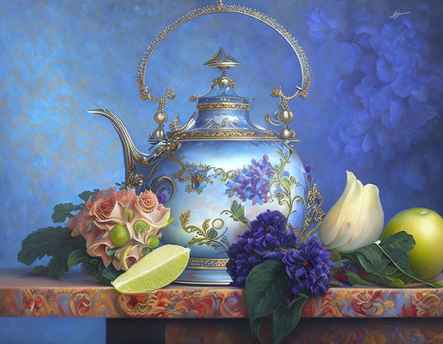 Ornate silver teapot, blue and purple flowers, lemons in still life painting