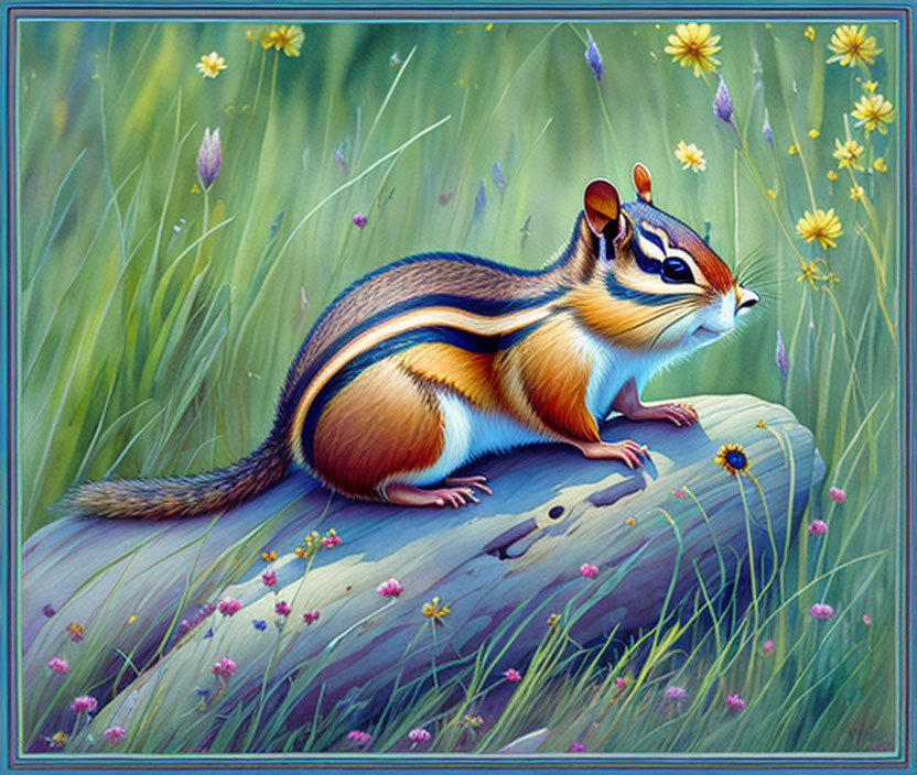 Colorful Chipmunk Illustration Among Greenery and Flowers