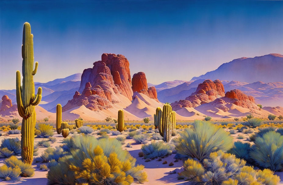 Desert landscape with tall cacti and red rock formations