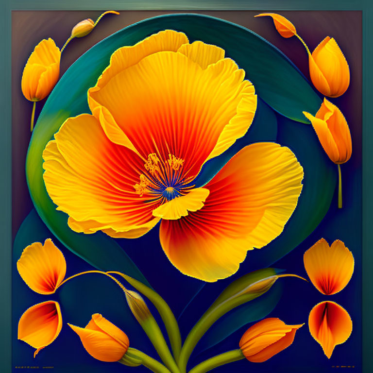 Colorful digital painting of blooming orange poppy and buds on teal background