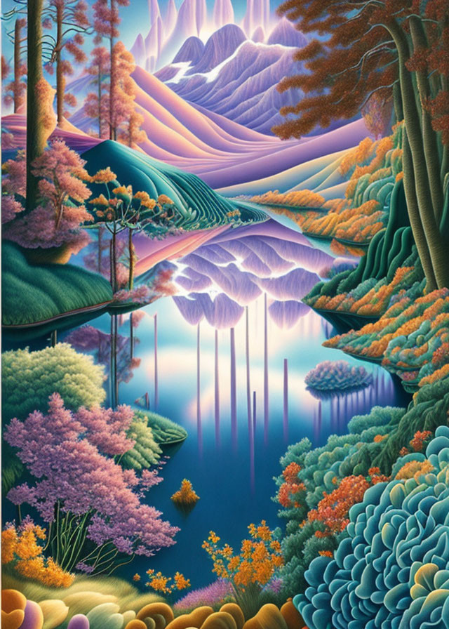 Mirrored mountains and tranquil lake in vibrant landscape