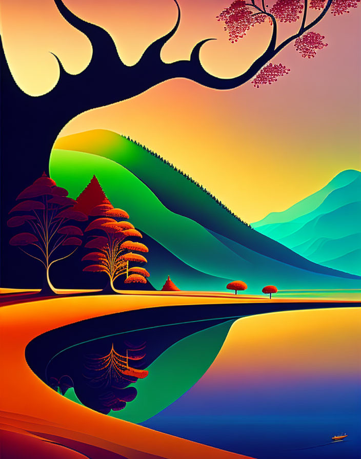 Colorful landscape with curving hills, trees, serene lake, dramatic sky.